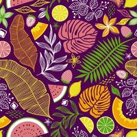 LILAC SEAMLESS VECTOR PATTERN WITH BRIGHT MULTICOLORED TROPICAL LEAVES AND FRUITS