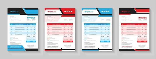 Minimal Corporate Business Invoice design for corporate office. Invoicing quotes, money bills or price invoices and payment agreement design templates. Creative invoice Template in 4 different Themes. vector
