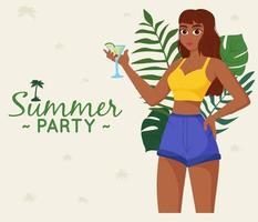 hermosa mujer bebe refrescante cóctel. plantas tropicales exóticas. concepto de bebidas y bebidas de verano. ilustración vectorial plana vector