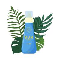 Skin care product on the ground of tropical leaves. Sun safety, UV protection spray. Tube of sunscreen product with SPF. Summer cosmetic. Flat vector illustration isolated on white background.