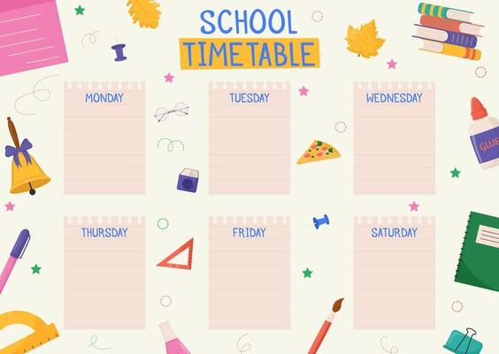 Cute childish school timetable, weekly classes schedule for kids with school supplies. Printable planner, diary for student. Stationery set for children. To Do List.