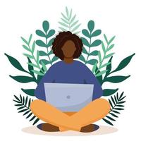 Black woman with laptop sitting in nature and leaves. vector