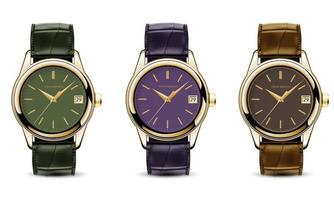 Realistic watch clock gold leather strap green purple brown collection on white design classic luxury vector