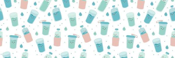 Borde horizontal sin costuras, banner web con lindas botellas y vasos divertidos y felices. agua de carácter kawaii de dibujos animados vectoriales. beber más agua cada día concepto. vector