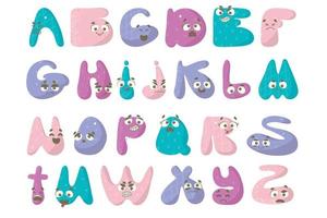 Cute hand drawn alphabet with eyes and lashes. Doodle letters with emotions. Kawaii bubble font with funny smiling faces. Funny abc design for book cover, poster, card, print on baby's clothes vector