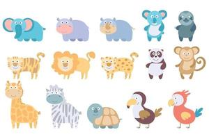 color lindo conjunto safari salvaje animales de la selva africana. león, jirafa, elefante, tortuga, cebra, loro, hipopótamo, mono, perezoso, rinoceronte, panda, tigre, panda, tucán. dibujos animados de doodle de colección tropical vector