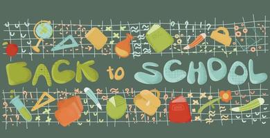 Back to school text. lettering school with school objectl. Long banner. Funny cartoon character. vector