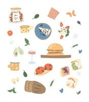 conjunto dibujado de varios platos y productos. ilustraciones para menú, cafetería, publicidad, web. vector