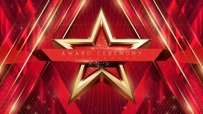 3d golden star with light ray effect element and glitter glow decoration. award ceremony background.