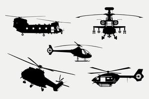 Set Of Helicopters Silhouettes, combat, search and rescue, Apache, cargo, Air ambulance Helicopters illustration. vector