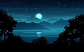 lago y paisaje nocturno de montaña con luna llena y estrellas vector