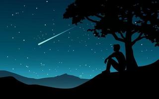 Nature night background with man full moon and sitting under the tree vector