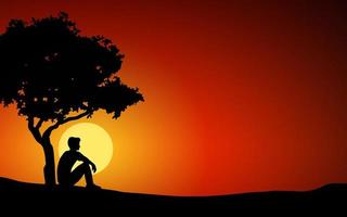 Nature sunset background with man sitting under the tree vector