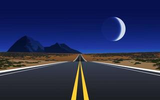 Night in desert with highway, mountain and moon vector