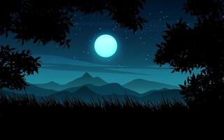 Starry night landscape with trees, grass and the moon vector