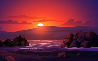 puesta de sol en una hermosa playa con cielo colorido y rocas vector
