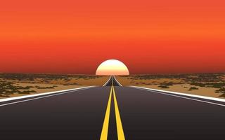 Sunset in desert with straight highway vector