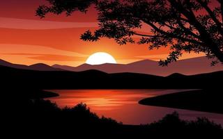silueta de bosque y río con fondo de puesta de sol vector