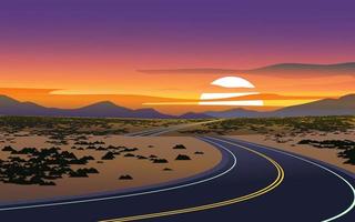 puesta de sol en el desierto con carretera curva vector