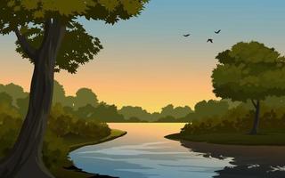puesta de sol en la ilustración del lago del bosque vector