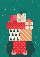 Hand drawn Vector abstract fun Merry Christmas and Happy New Year card with cute illustration with surprise gift boxes.