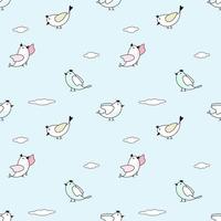 Vector - Abstract seamless pattern of cute bird flying on blue sky with cloud. Cartoon style. Can be use for print, paper, wrapping, fabric.
