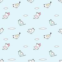 Vector - Abstract seamless pattern of cute bird flying on blue sky with cloud. Cartoon style. Can be use for print, paper, wrapping, fabric.