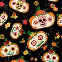 Vector - Abstract seamless pattern of pumpkin with flower on black background. Dia de muertos, Halloween concept. Can be use for print, paper, fabric, wallpaper.