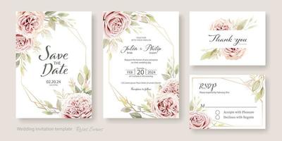 plantilla de tarjeta de invitación de boda. juliet rose y hojas de eucalipto vector
