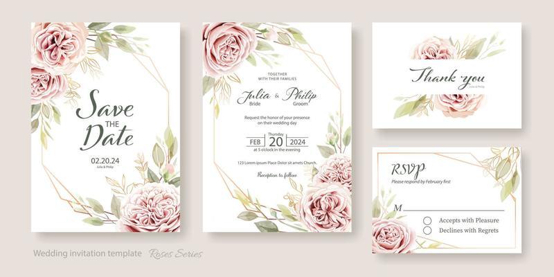 Wedding Invitation card template.  Juliet rose and eucalyptus leaves