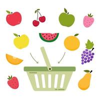 Green supermarket shopping basket with fruits. Constructor. Assemble it yourself. Fresh fruits buying. Farmers market. Shopping for organic products. Eco concept. Flat vector illustration