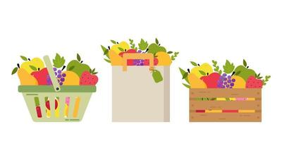 Wooden box, paper bag and shopping basket with fresh fruits. Grocery shopping food collection. Fresh farm product. Healthy vegan food. Farm products. Hand-drawn vector elements