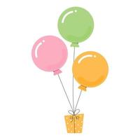 Happy Birthday balloons with gift. Birthday party or carnival decorations balloon. Bunch of balloons flying in the air with gift box. Cute vector illustration.