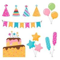 Set of birthday party design elements. Vector illustrations. Party decoration, balloons, cake with candles, confetti, party hats, bunting banners