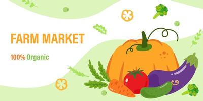 Fresh vegetable food banner with cartoon veggies. Promotional banner for farmers market. Fresh hand drawn vegetables. Vector illustration. Horizontal format