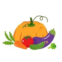 Healthy food composition of vegetables on a white background. Flat vector illustration. Fresh organic vegetable. Green natural background. Vegetarian food. Healthy eating. Pumpkin, harvest, autumn