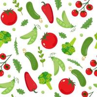 Vegetable seamless pattern. Healthy food background. Tomato, bell pepper, broccoli, cherry tomato and green peas. Organic, fresh, delicious vegetables. Flat vector illustration