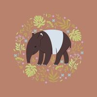 Composition in the form of a circle with tapirs, leaves and flowers. Vector graphics.