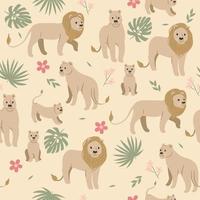 Seamless pattern with lions and flowers. Vector graphics.