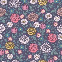 Seamless pattern with flowers and leaves. Vector graphics.
