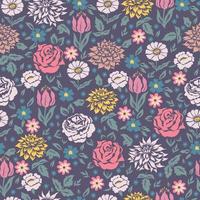 Seamless pattern with flowers and leaves. Vector graphics.