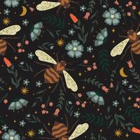 Seamless pattern with wasps and flowers. Vector graphics.