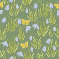 Seamless spring pattern with snowdrop flowers and butterflies. Vector graphics.