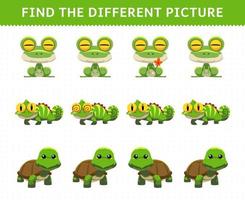 juego educativo para niños encuentra la imagen diferente en cada fila linda caricatura rana iguana tortuga vector