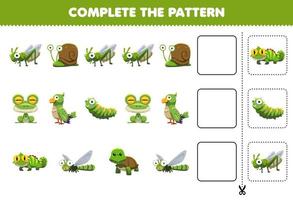 el juego educativo para niños completa el patrón de pensamiento lógico, encuentra la regularidad y continúa la tarea de la fila con un lindo personaje de animal verde vector