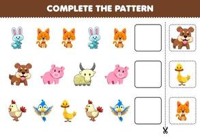 el juego educativo para niños completa el patrón de pensamiento lógico, encuentra la regularidad y continúa la tarea de la fila con un lindo personaje de animal de granja vector