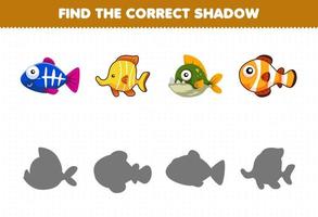 Education game for children find the correct shadow set of cute fish vector