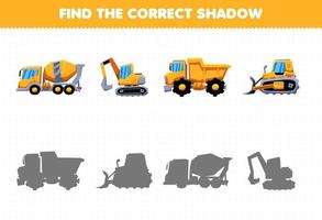 Education game for children find the correct shadow set of heavy machine transportation vector