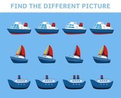 Education game for children find the different picture in each row transportation ocean sail boat ferry ship vector