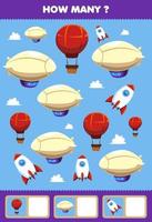 juego educativo para niños buscando y contando actividad para preescolar cuántos transporte aéreo globo cohete zepelín